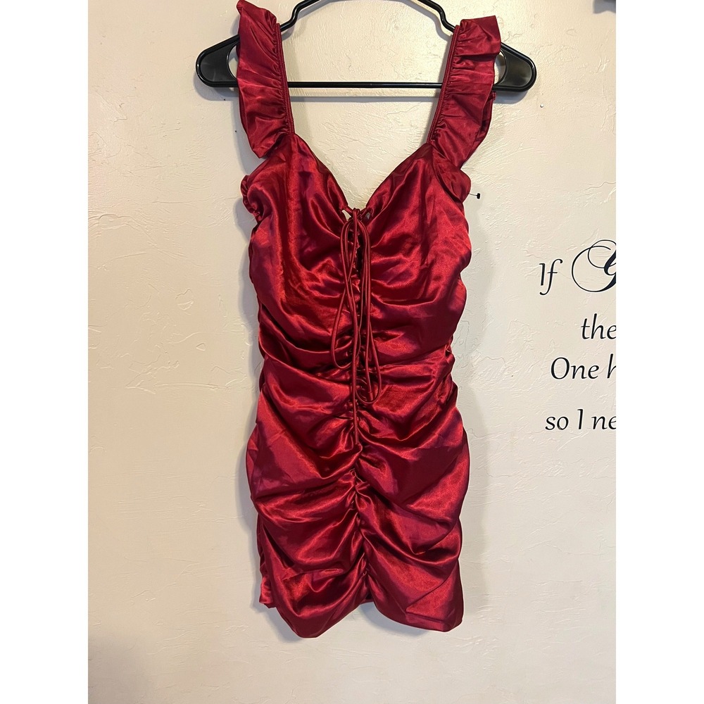Lucy in the Sky Red Tie Ruched Satin Ruffle Mini Dress Bodycon Y2K Romantic Club